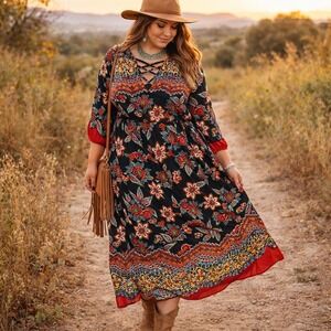En Focus Womens Floral Maxi Dress Size 20 Keyhole Neckline Boho Plus size